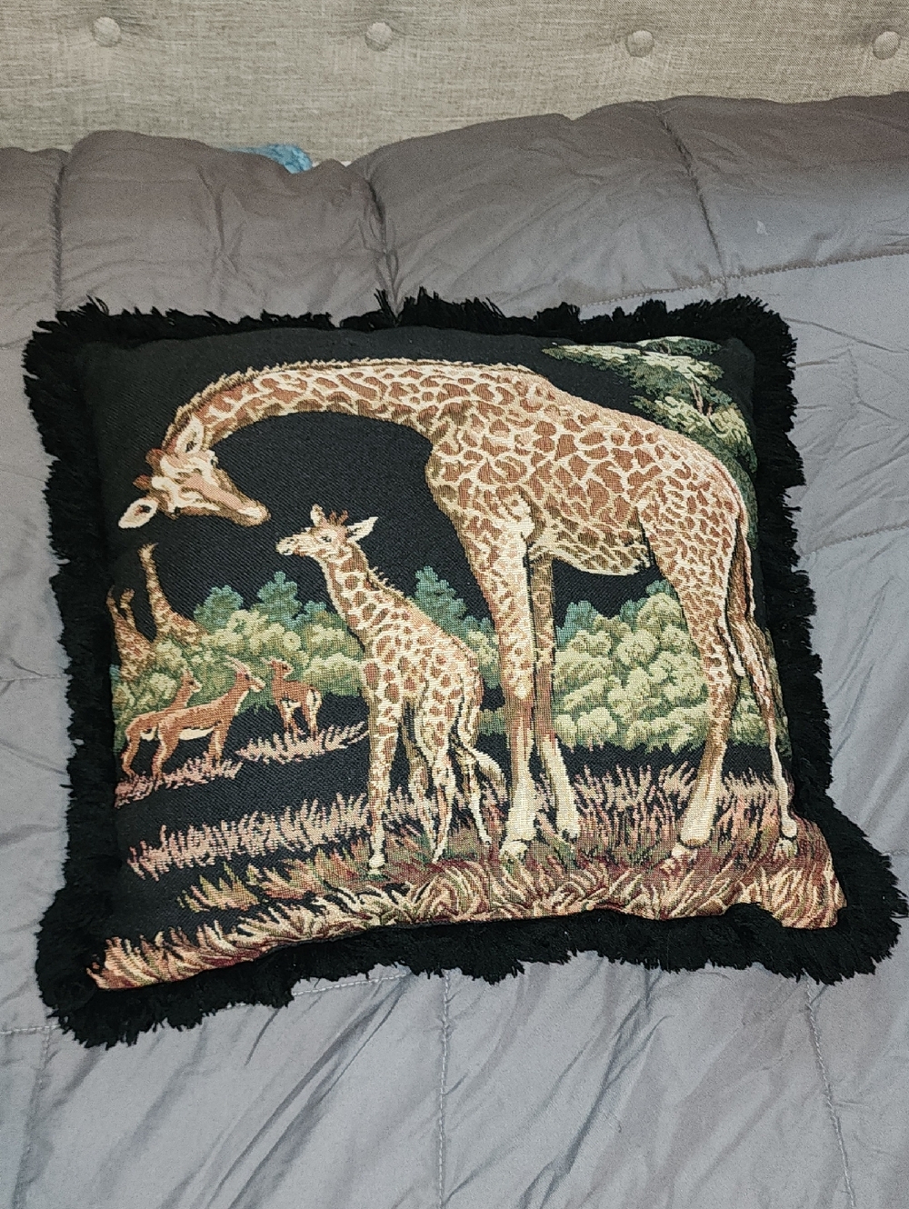 Giraffe Family Tapestry Throw Pillow with Black Fringe